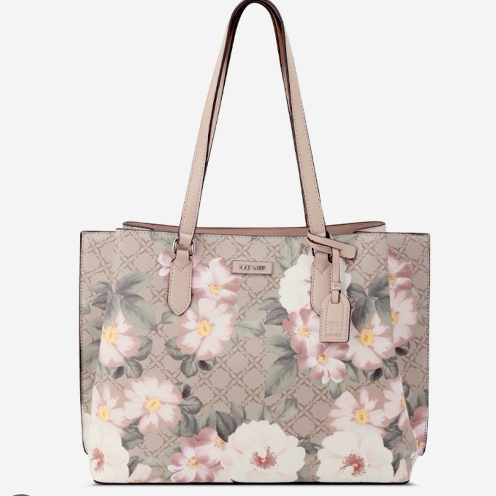 Nine West Beige Floral Tote with Pink and White Accents